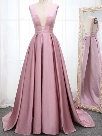 A Line Simple Pink V Neck Sleeveless Long Satin Prom Dresses, Ruched V Neck Sleeveless Long Satin Formal Evening Dresses