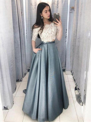 Custom Made Off The Shoulder Half Sleeves With Pockets Long Prom Dresses, White Lace Two Piece Formal Evening Dresses