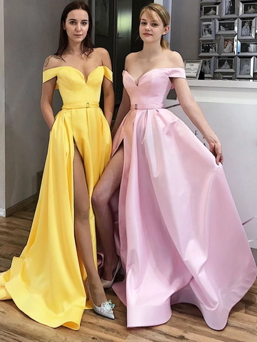 Simple Sweetheart Off Shoulder Yellow/ Pink High Slit Prom Dresses, Off The Shoulder Formal Dresses, Graduation Evening Dresses