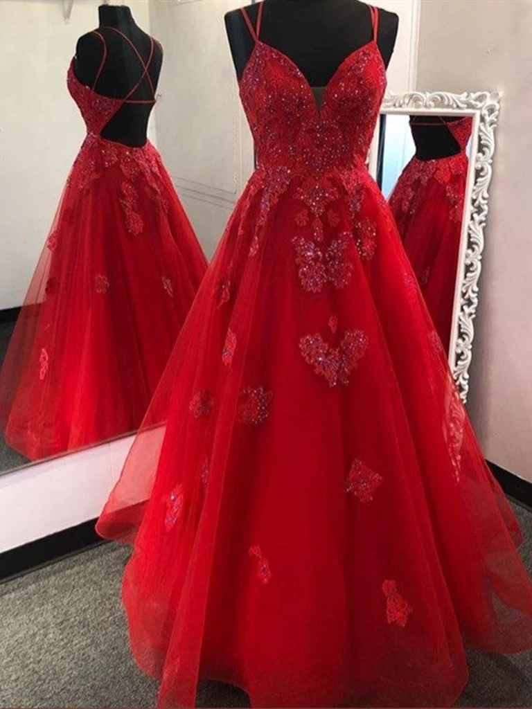 Gorgeous V Neck Backless Red Tulle Lace Long Prom Dresses, Open Back Red Lace Formal Evening Party Dresses