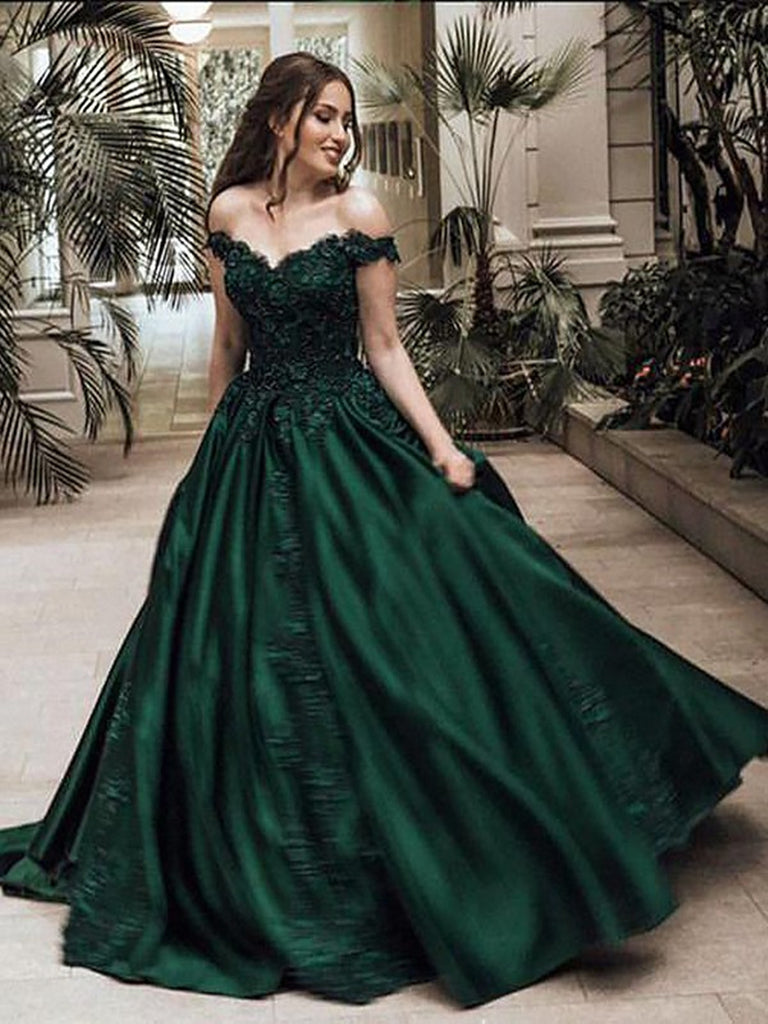 Ball Gown Off-the-Shoulder Sleeveless Floor-Length With Lace Satin Dresses, Ball Gown Lace Formal Evening Dresses