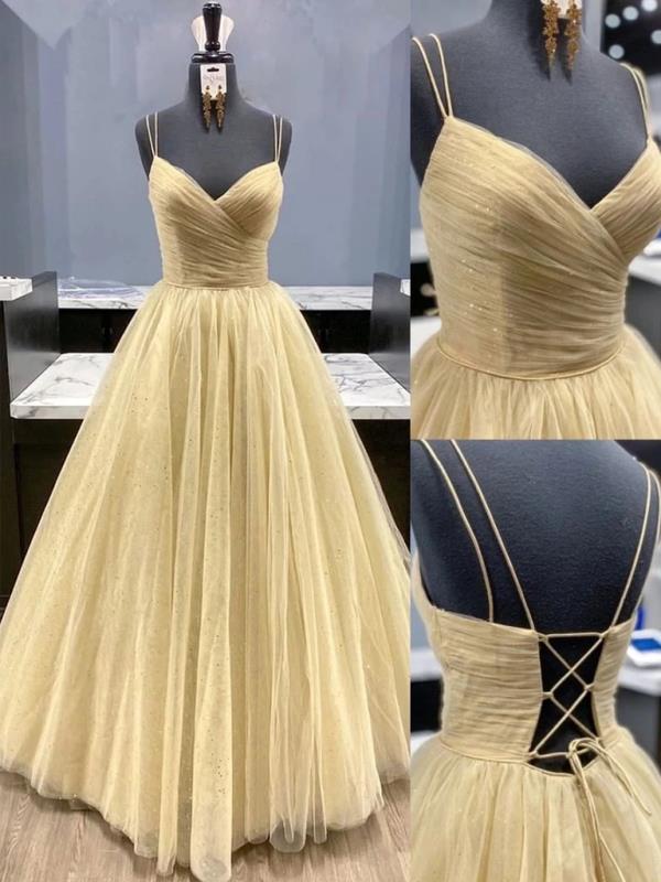 Stylish V Neck Backless Pleated Golden Tulle Prom Dresses, Shiny Open morievent Stylish V Neck Backless Pleated Golden Tulle Prom Dresses, Shiny Open morievent