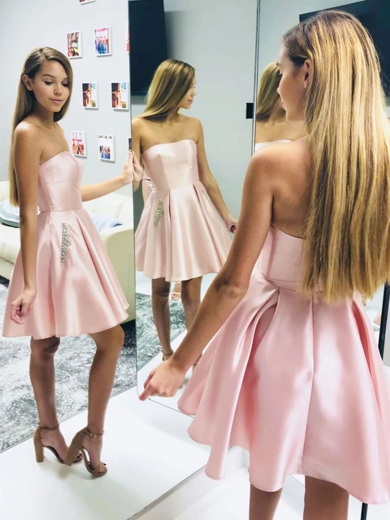 Strapless Short Pink Satin Prom Dresses with Pockets, Short Pink Formal Evening Graduation Homecoming Dresses