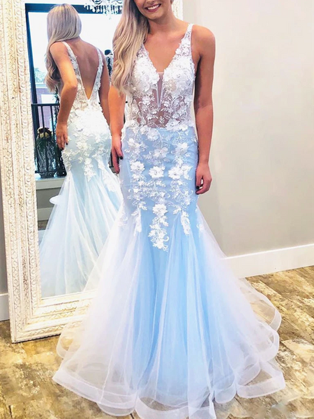 V Neck Mermaid Blue Open Back Lace Appliques Floral Long Prom Dresses, Lace Appliques Floral Mermaid Blue Formal Evening Dresses