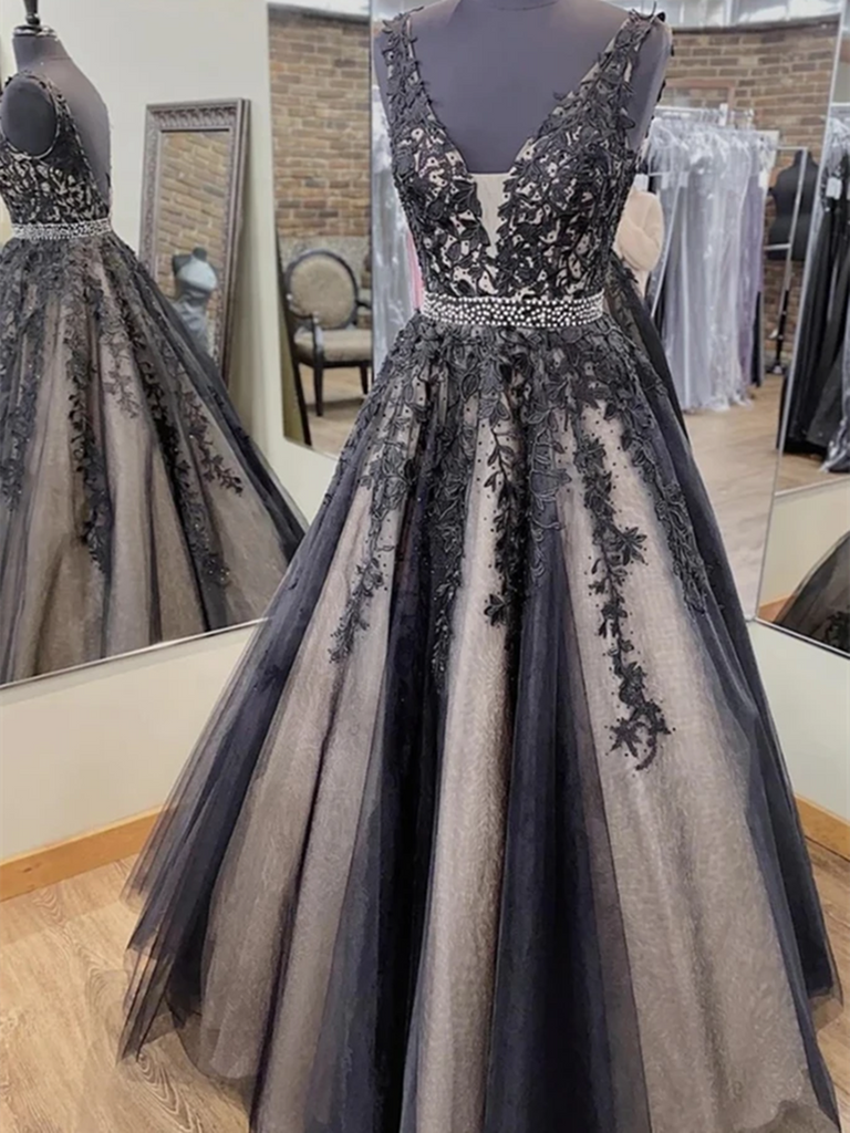V Neck Backless Black Lace Long Prom Dresses, Black Lace Formal Dresse morievent V Neck Backless Black Lace Long Prom Dresses, Black Lace Formal Dresse morievent