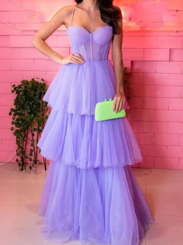 Sweetheart Neck Open Back Layered Purple Tulle Long Prom Dresses， Lavender Formal Dresses, Lilac Evening Dresses