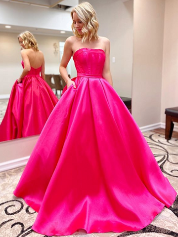 Sexy Pink Strapless Satin Long Ball Gowns Prom Dresses, Pink Strapless Satin Long Formal Evening Dresses