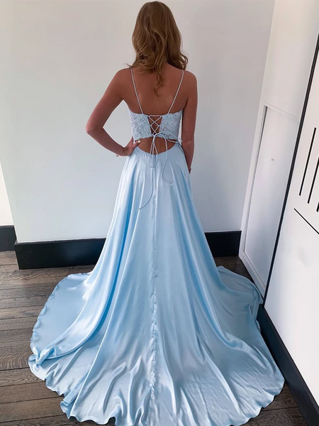 Spaghetti Straps Blue Lace Long Prom Dresses, Long Blue Lace Formal Evening Graduation Dresses