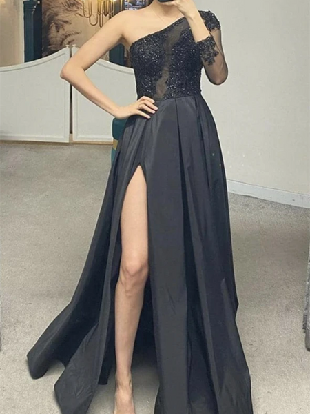 One Shoulder Black Lace Long Prom Dresses, One Shoulder Black Lace Long Formal Evening Dresses