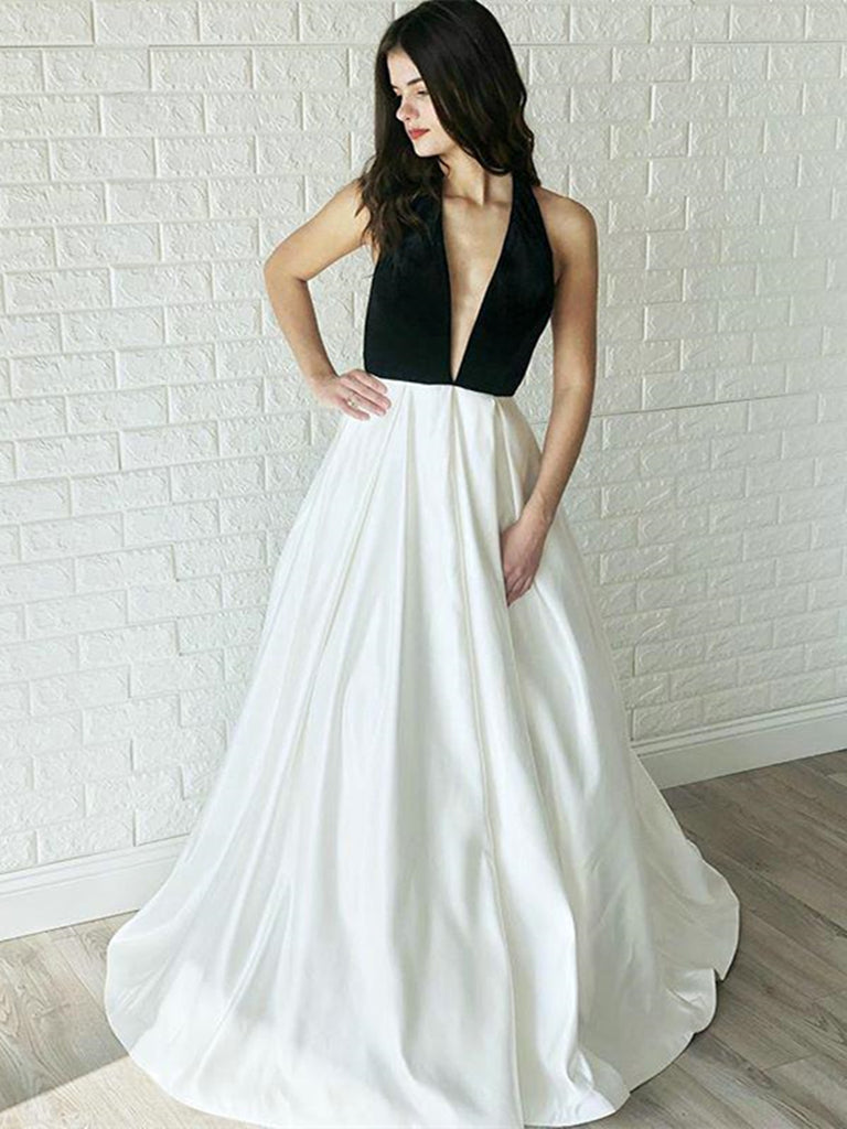 Simple White and Black Satin Backless Long Prom Dress With Deep V Neck morievent Simple White and Black Satin Backless Long Prom Dress With Deep V Neck morievent