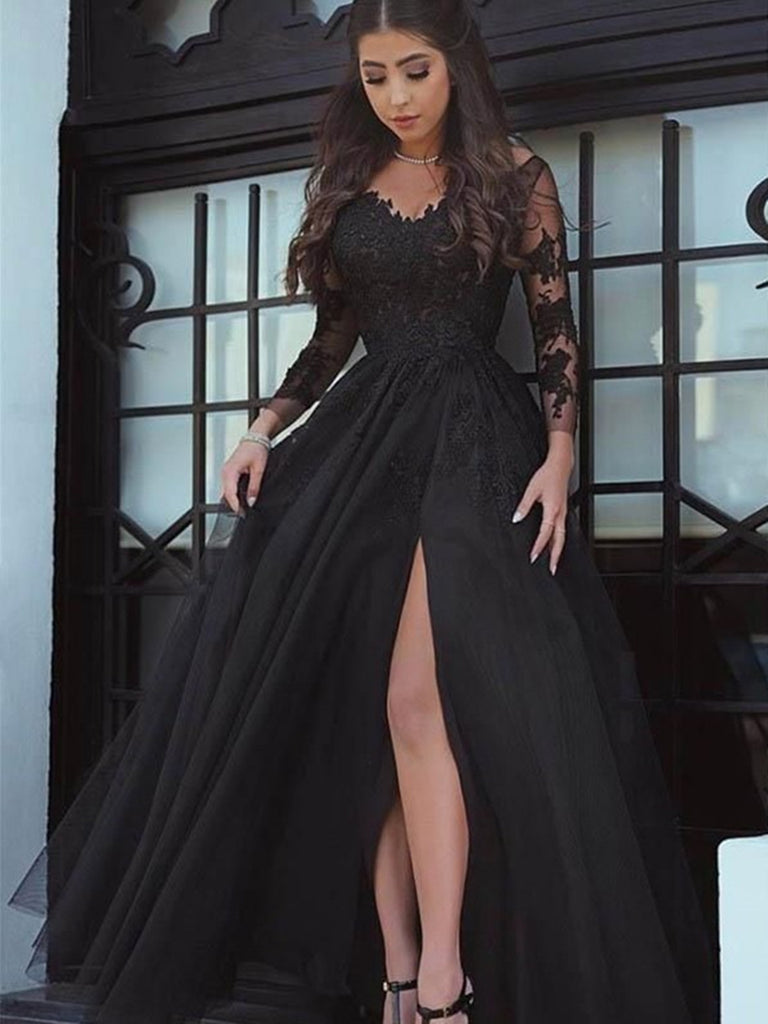 Lace Black Long-Sleeve Evening Dress With Leg Slit, Lace Black Prom Dr morievent Lace Black Long-Sleeve Evening Dress With Leg Slit, Lace Black Prom Dr morievent