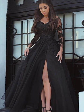 Lace Black Long-Sleeve Evening Dress With Leg Slit, Lace Black Prom Dress