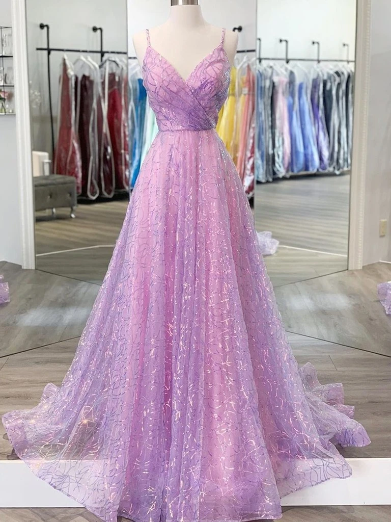 Shiny V Neck Open Back Lilac Prom Dresses with Straps, Backless Purple morievent Shiny V Neck Open Back Lilac Prom Dresses with Straps, Backless Purple morievent