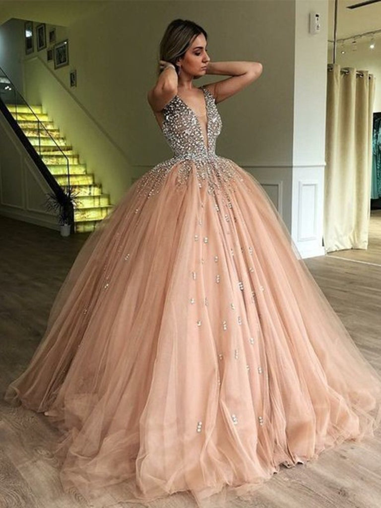 V-neck Ball-Gown Tulle Prom Dresses, V-neck Ball-Gown Beaded Formal Ev morievent V-neck Ball-Gown Tulle Prom Dresses, V-neck Ball-Gown Beaded Formal Ev morievent
