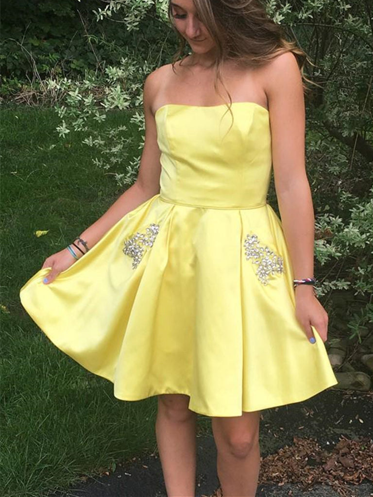 Strapless strap Short Yellow rhinestones pockets prom dress, Short Yellow graduation homecoming evening dress