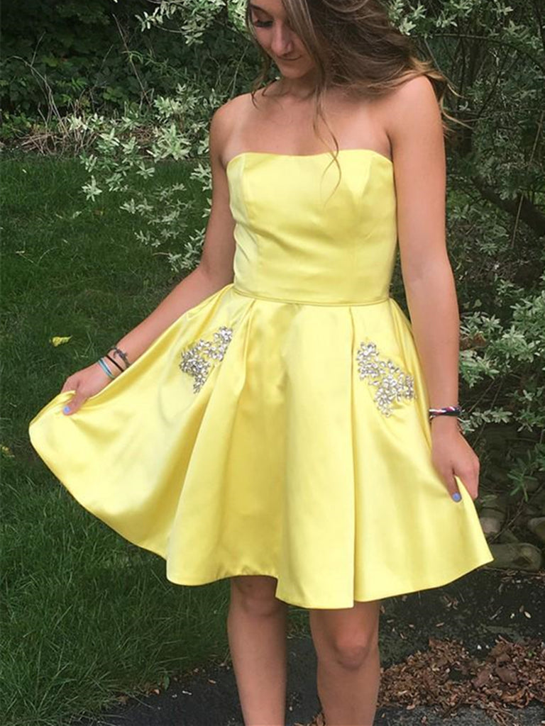 yellow short strapless dress Strapless strap Short Yellow rhinestones pockets prom dress, Short Yel – morievent