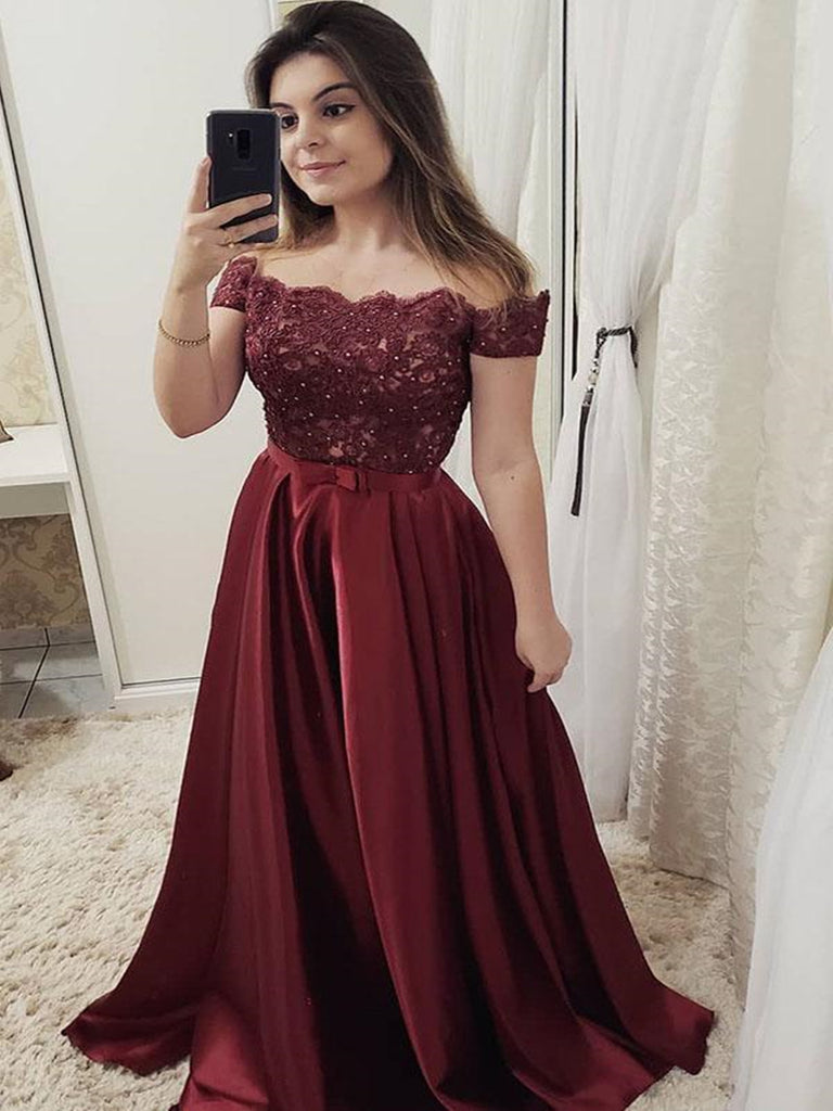 Custom Made Burgundy Off Shoulder Lace Long Prom Dresses, Burgundy Lace Floor Length Satin Formal Evening Dresses