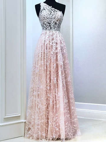 A Line One Shoulder Pink Lace Long Prom Dresses, Pink Lace Formal Evening Dresses