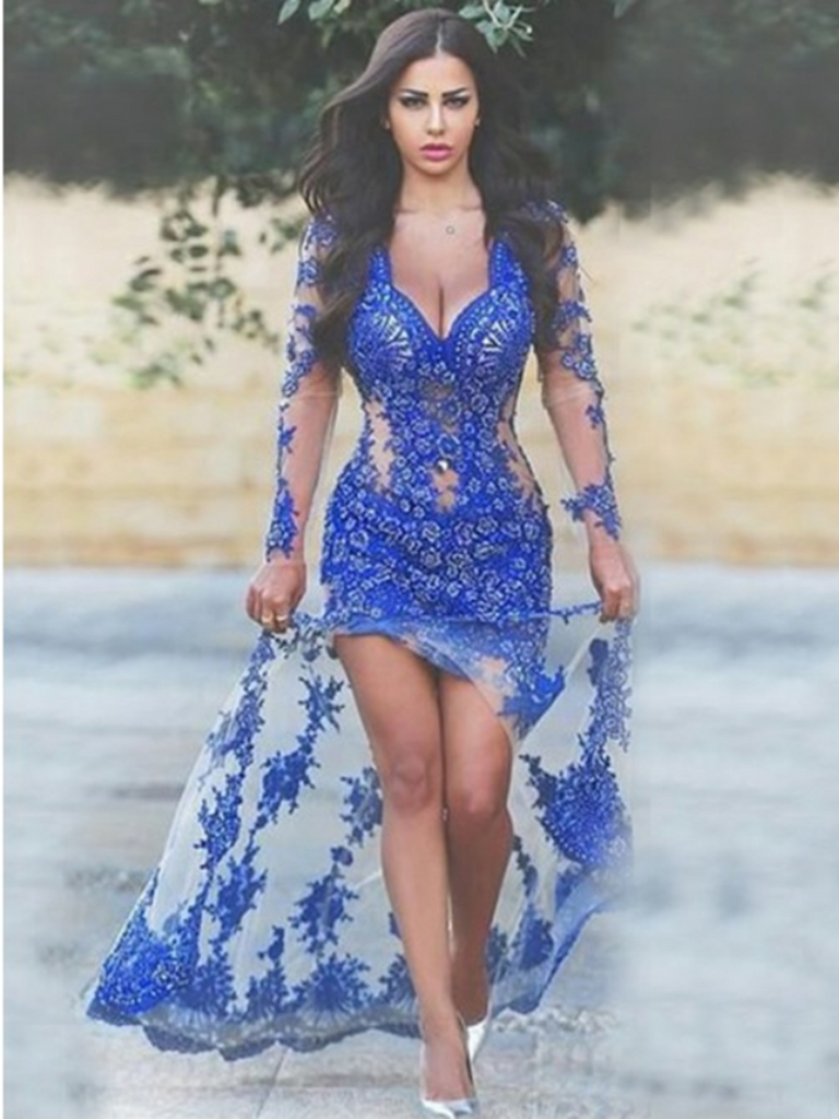 Mermaid Scoop Neck Royal Blue Tulle Prom Evening Dress with Appliques,  Royal Blue Mermaid Formal Dress With Split Front 