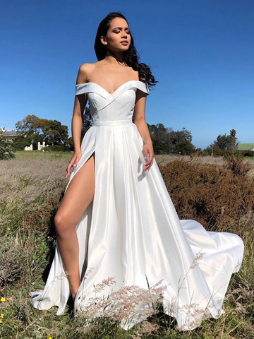 White Off Shoulder Satin Long Prom Dresses With Leg Slit, White Bridesmaid Dresses, White Off The Shoulder Formal Evening Graduation Dresses