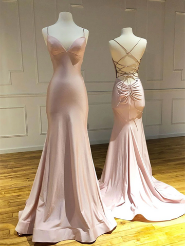 V Neck Pink Backless Satin Long Prom Dresses, Mermaid Pink Backless Formal Evening Dresses