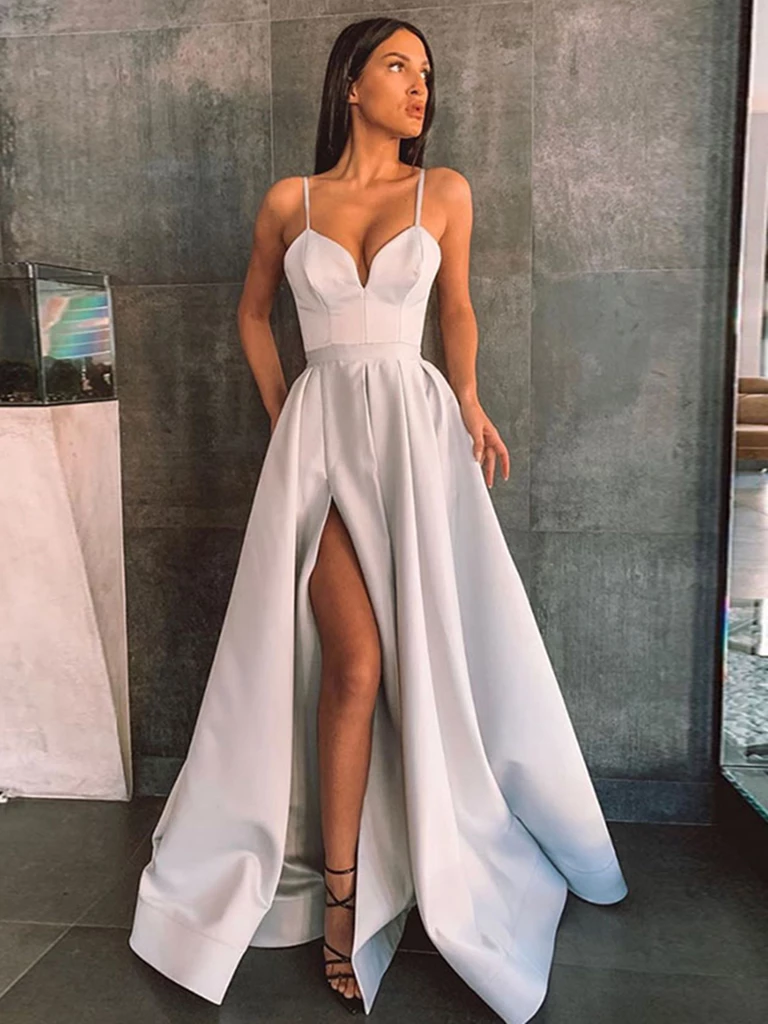 A Line Gray Long Prom Dresses with High Slit, Gray Formal Graduation Evening Dresses with Slit