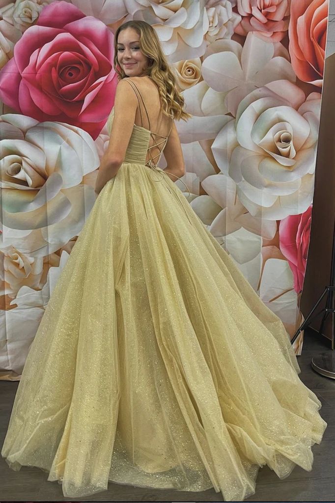 Shiny Spaghetti Straps Rose Golden Backless Tulle Long Prom Dresses, C morievent Shiny Spaghetti Straps Rose Golden Backless Tulle Long Prom Dresses, C morievent