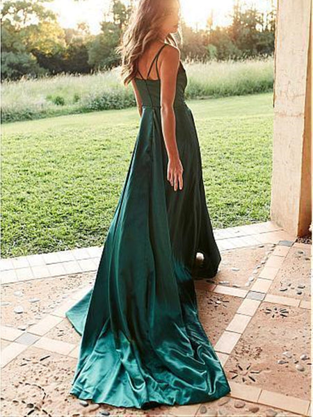 Emerald Green Side Slit Long Evening Prom Dresses, V Neck Emerald Green Party Prom Dresses