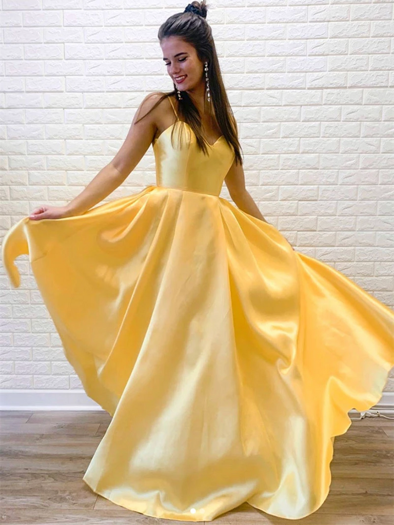 A Line V Neck Yellow Satin Long Prom Dresses, A Line V Neck Yellow Sat morievent A Line V Neck Yellow Satin Long Prom Dresses, A Line V Neck Yellow Sat morievent
