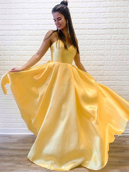 A Line V Neck Yellow Satin Long Prom Dresses, A Line V Neck Yellow Satin Long Formal Evening Dresses