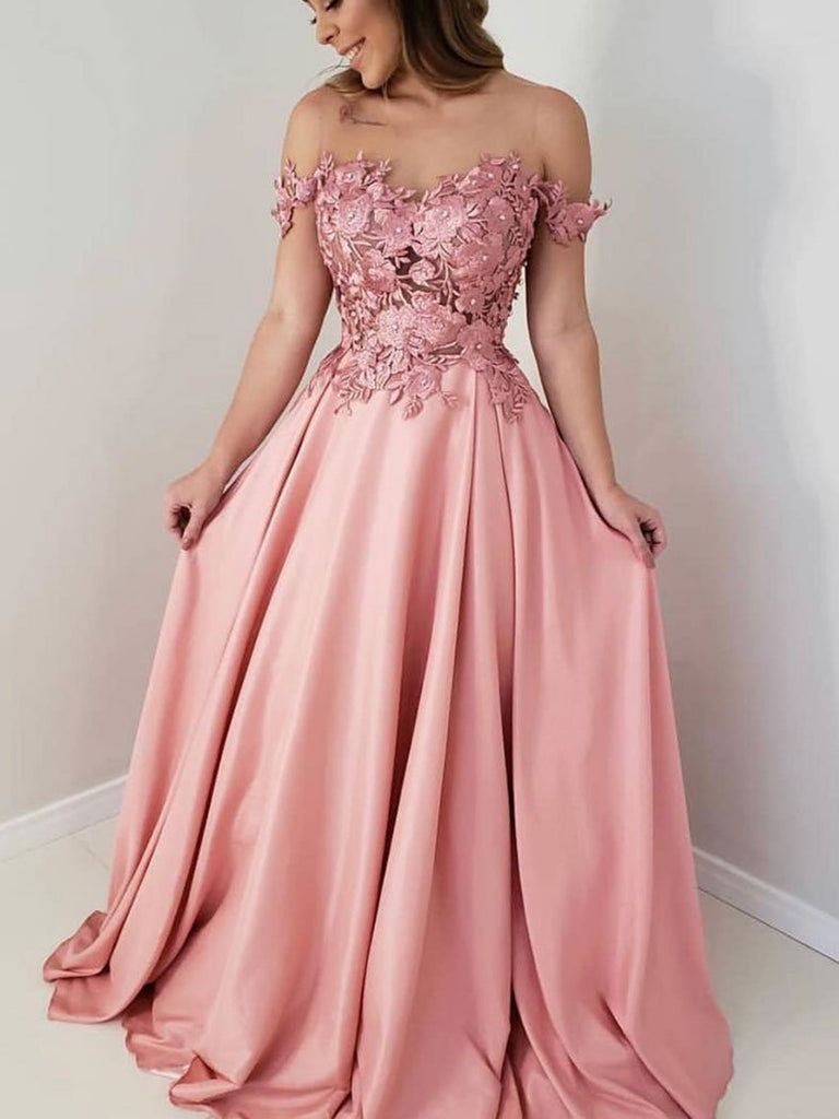 Pink lace off shoulder prom dress, pink lace evening dress