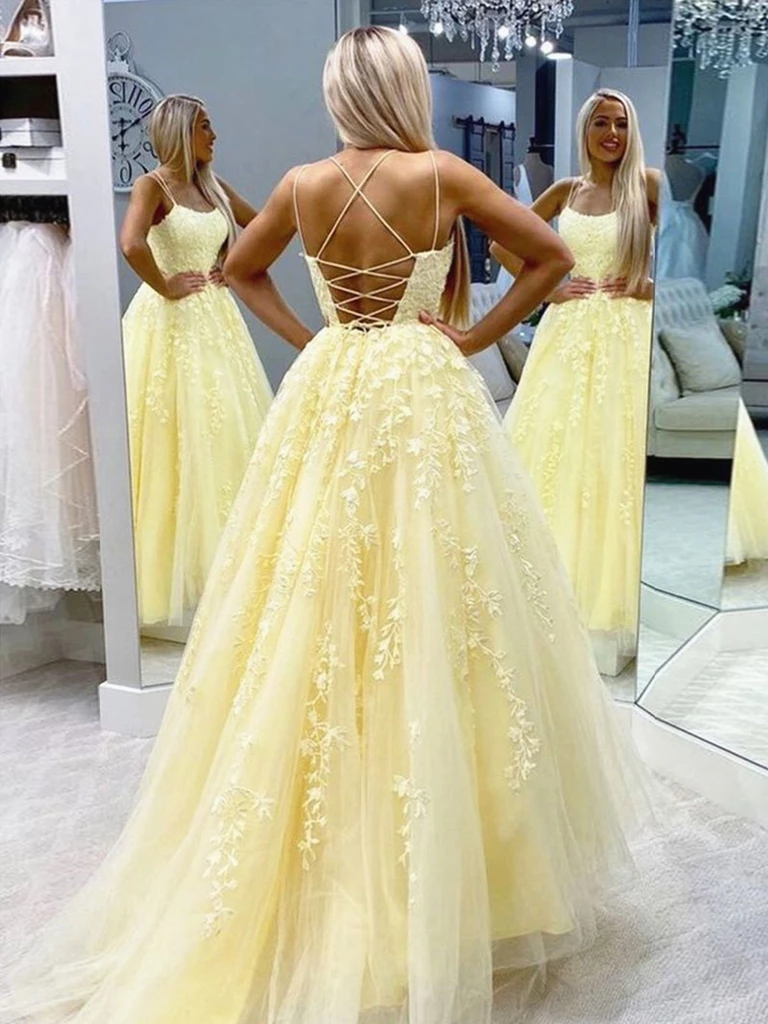 Yellow Backless Tulle Lace Long Prom Dresses, Backless Yellow Lace Formal Evening Dresses