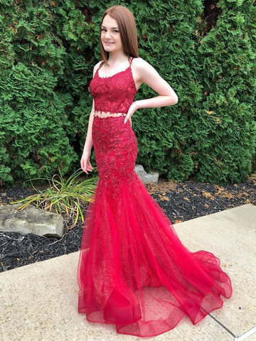Two Pieces Mermaid Lace Long Burgundy Prom Dresses, 2 Pieces Burgundy Lace Formal Dresses, Mermaid Burgundy Lace Evening Dresses