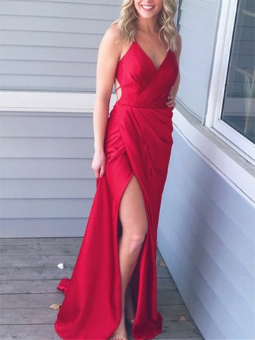 V Neck Mermaid Pleated Red Backless Long Prom Dresses With High Leg Slit,  Mermaid Red Backless Formal Evening Dresses