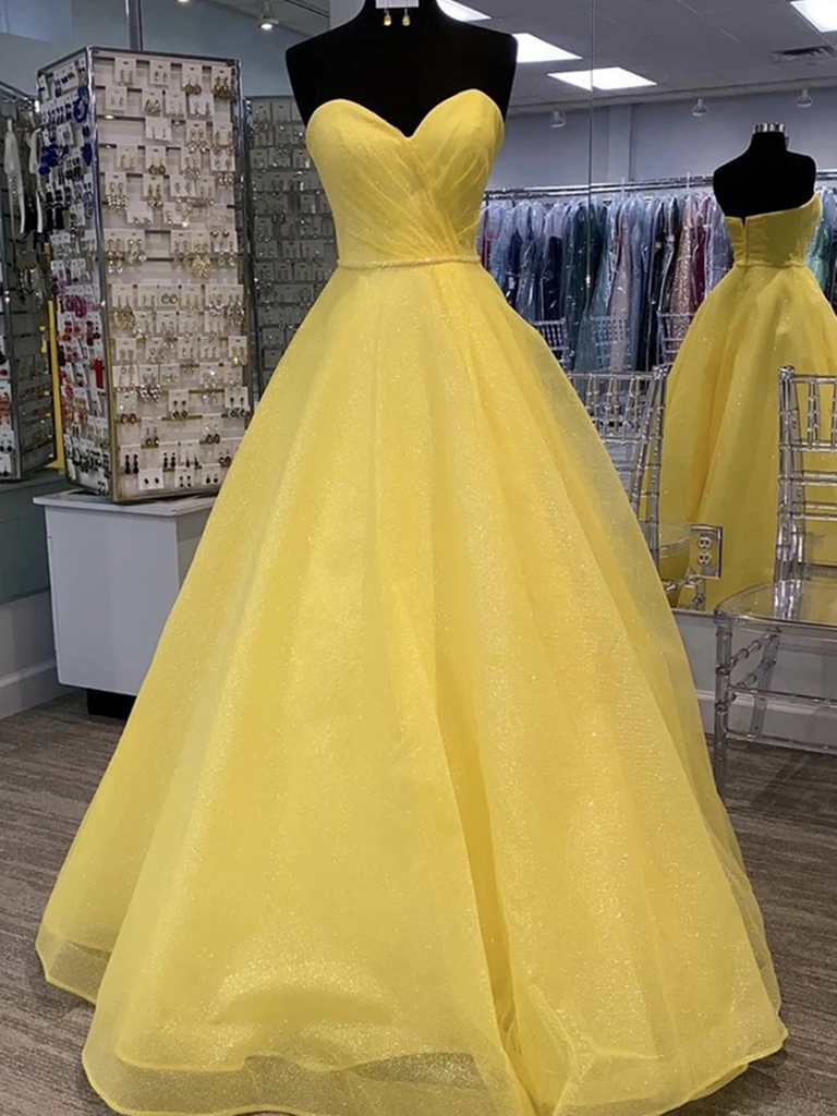 Customized Sweetheart Neck Yellow Sequins Strapless Long Prom Dresses, morievent Customized Sweetheart Neck Yellow Sequins Strapless Long Prom Dresses, morievent