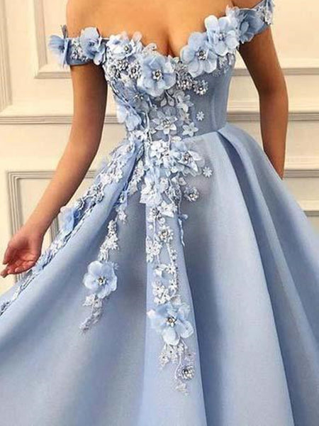 A Line Blue Off Shoulder Flower Appliques Long Satin Prom Dresses,  Blue Off Shoulder Evening Dress
