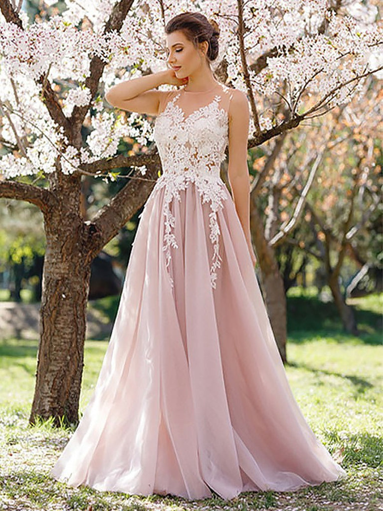 Light pink lace applique tulle long prom dress, Pink lace applique for morievent Light pink lace applique tulle long prom dress, Pink lace applique for morievent