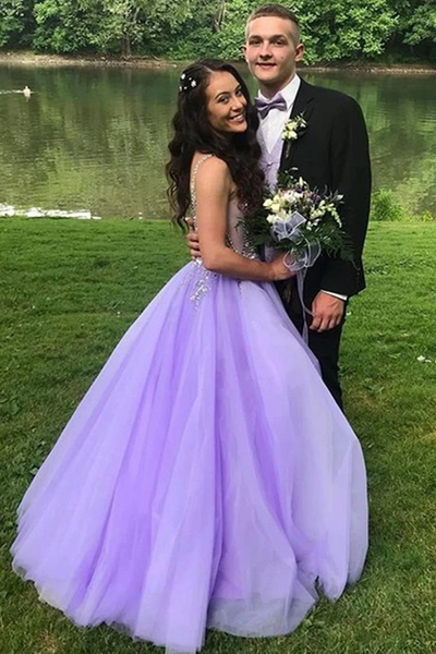 Gorgeous V Neck Beaded Purple Long Prom Dresses, Purple Formal Evening Dresses with Beading, Purple Ball Gown