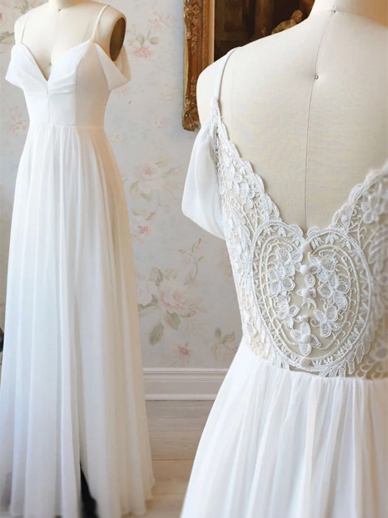 Simple White Off Shoulder Chiffon Lace Long Prom Dresses, White Off The Shoulder  Lace Evening Dresses