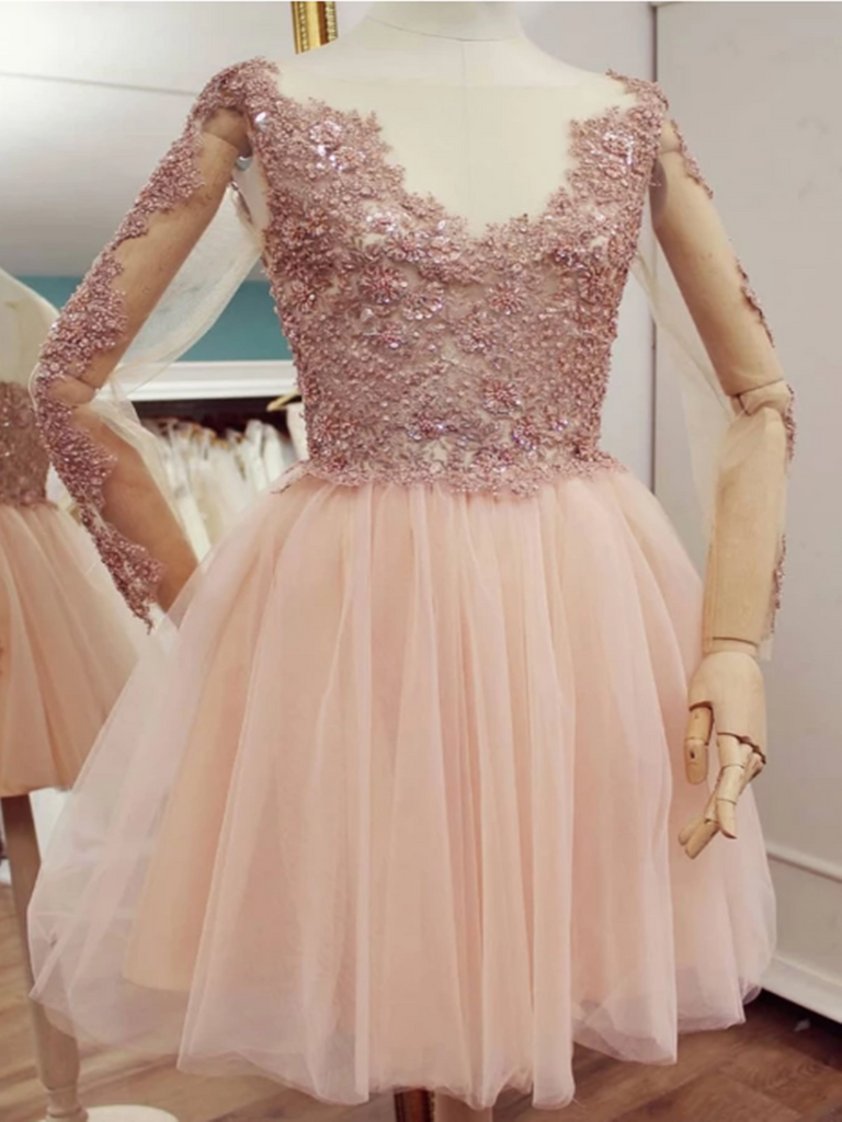 Pink Tulle Lace Short Prom Dress, Long Sleeves Pink Lace Short Formal Graduation Dress