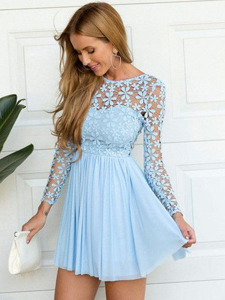A line round neck blue lace backless long sleeves prom dresses, Long sleeves blue lace formal graduation homecoming dresses