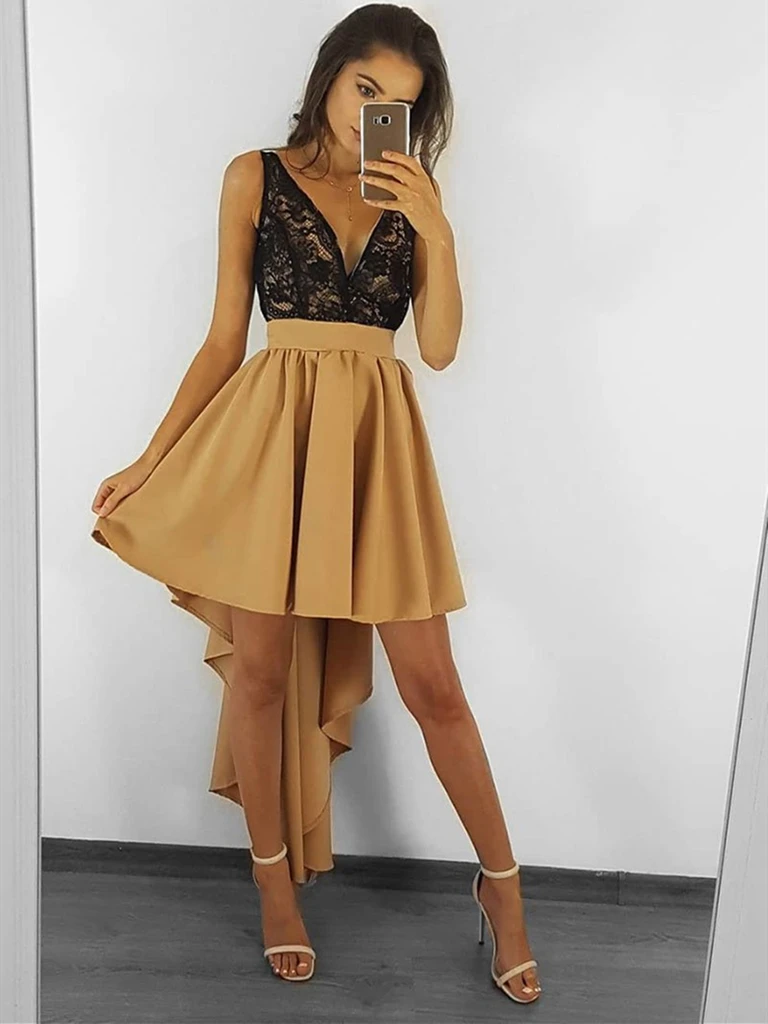 V Neck Black Lace Champagne High Low Prom Dresses, Champagne High low morievent V Neck Black Lace Champagne High Low Prom Dresses, Champagne High low morievent
