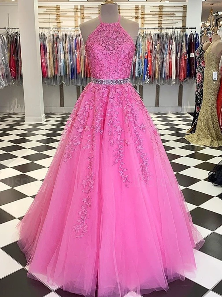 Halter Neck Pink Lace Long Prom Dresses with Belt, Pink Lace Formal Evening Dresses