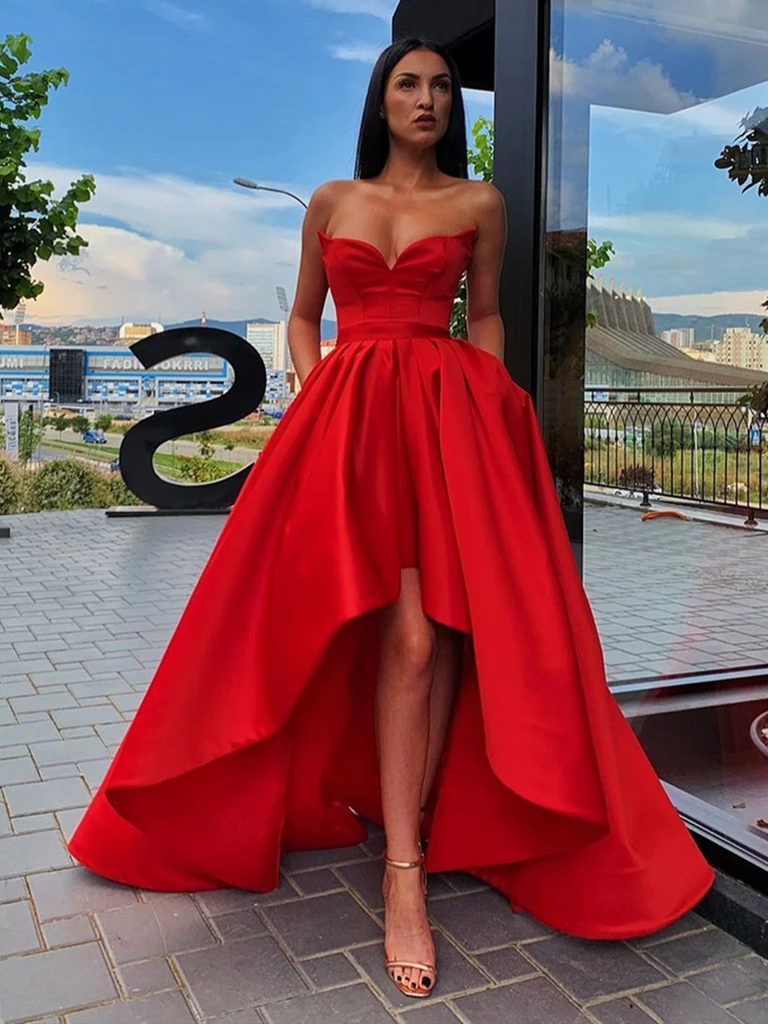 Sweetheart Neck Red High Low Prom Dresses, High Low Red Formal Graduation Evening Dresses