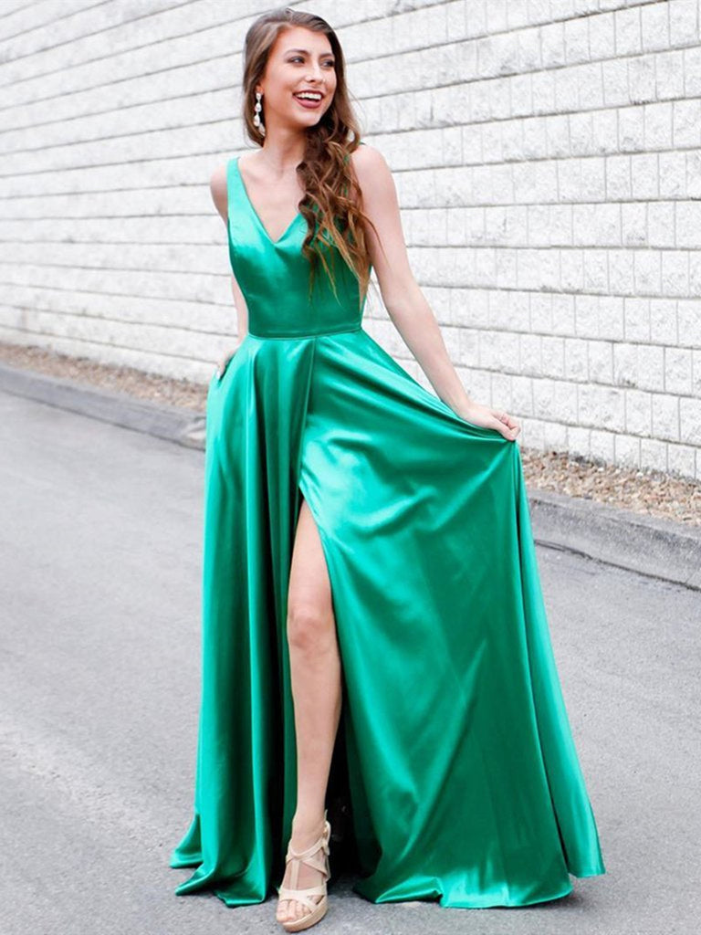 Custom Made V Neck Green High Slit Long Prom Dresses, Green V Neck For morievent Custom Made V Neck Green High Slit Long Prom Dresses, Green V Neck For morievent