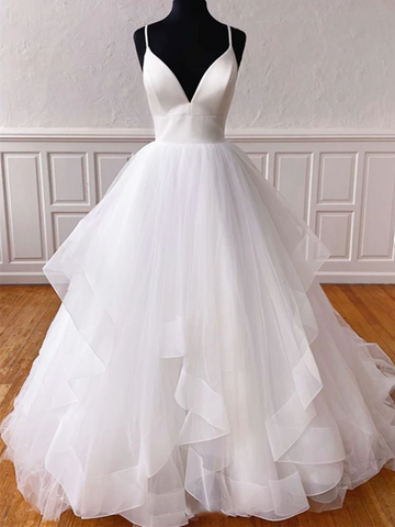 V Neck White Tulle Long  prom gown, White Tulle wedding Dresses, V Neck Tulle prom Dresses, White Tulle Formal Evening Dresses
