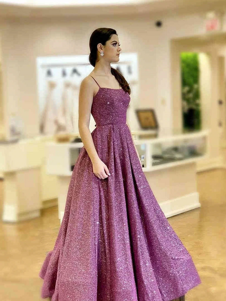 Shiny Backless  Purple Long Prom Dresses, Purple Long Formal Evening Dresses