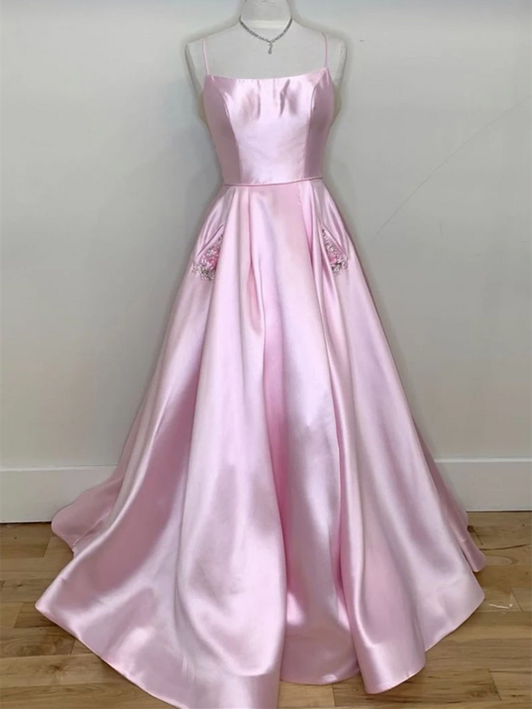 A Line Spaghetti Straps Pink Satin Long Prom Dresses, Spaghetti Straps Pink Satin Long Formal Evening Dresses
