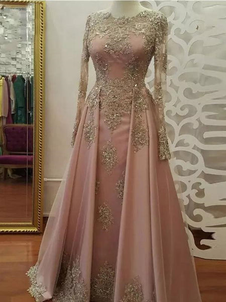 Round neck long sleeves applique long prom dresses
