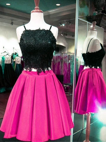 Custom made two piece pink and black short prom dress, Two piece lace homecoming dress